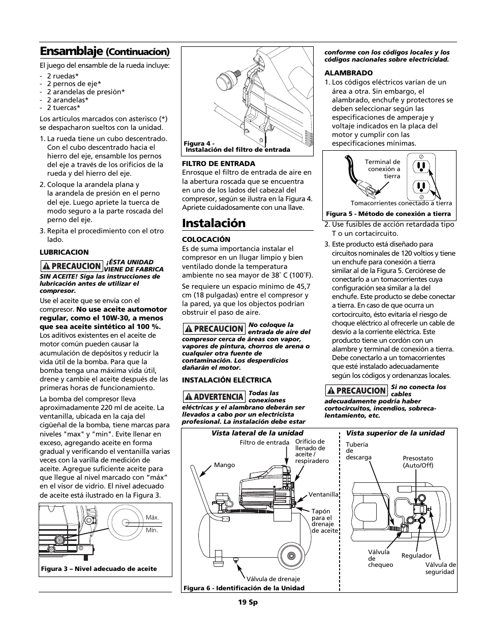 Instalación, Ensamblaje, Continuacíon) | Campbell Hausfeld HL5500 Series User Manual | Page 19 / 24