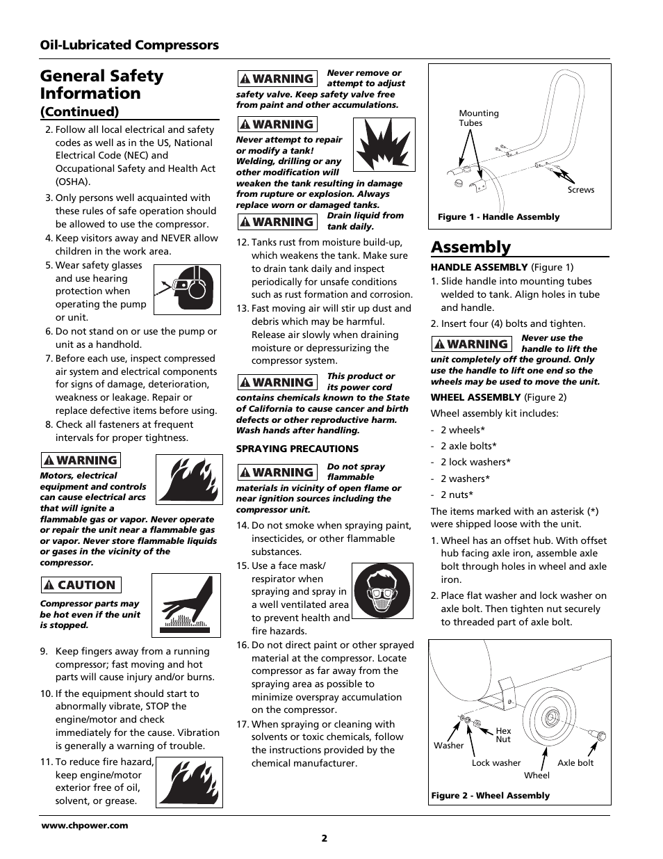 General safety information, Assembly, Oil-lubricated compressors | Continued) | Campbell Hausfeld HL5500 Series User Manual | Page 2 / 24