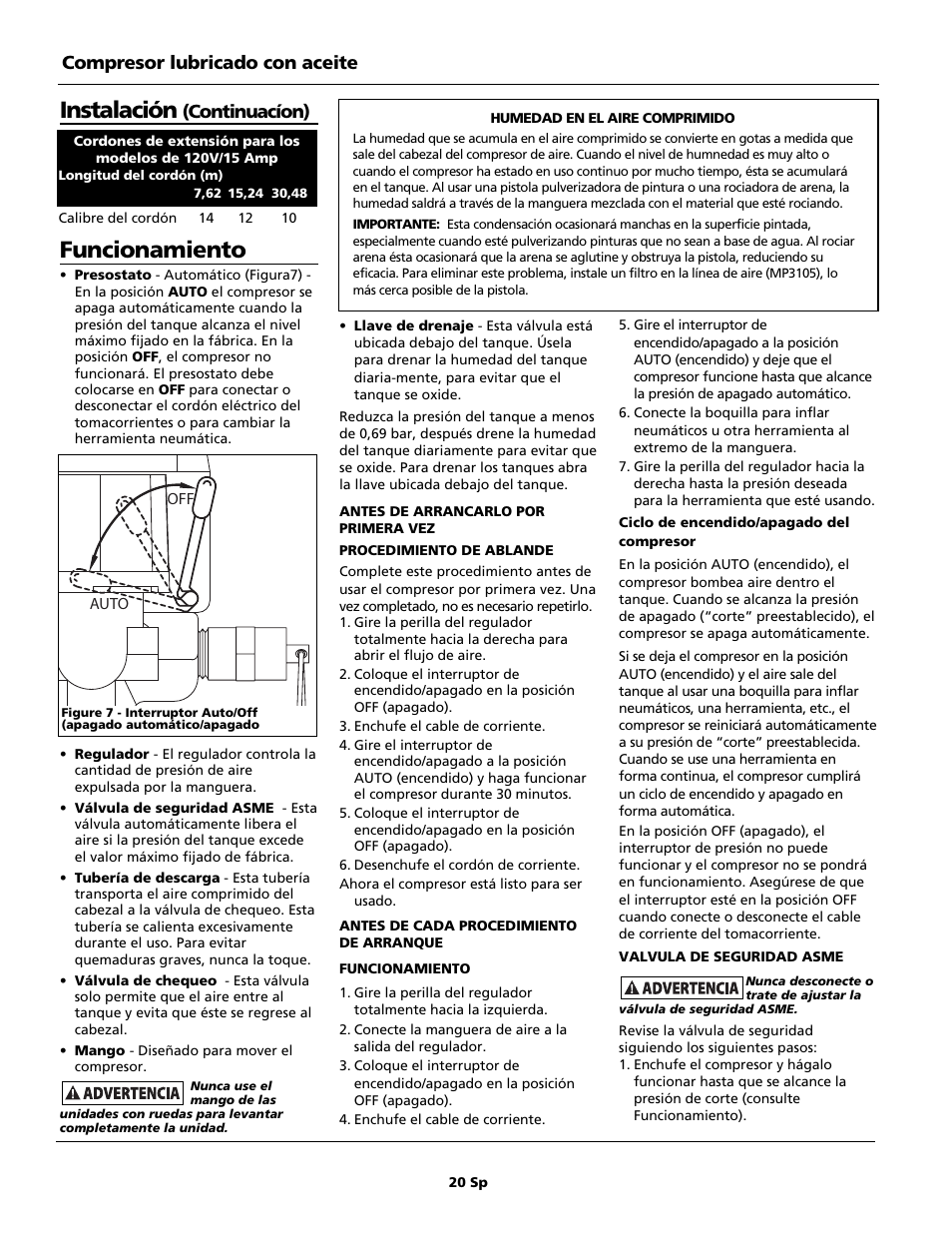 Funcionamiento, Instalación, Compresor lubricado con aceite | Continuacíon) | Campbell Hausfeld HL5500 Series User Manual | Page 20 / 24