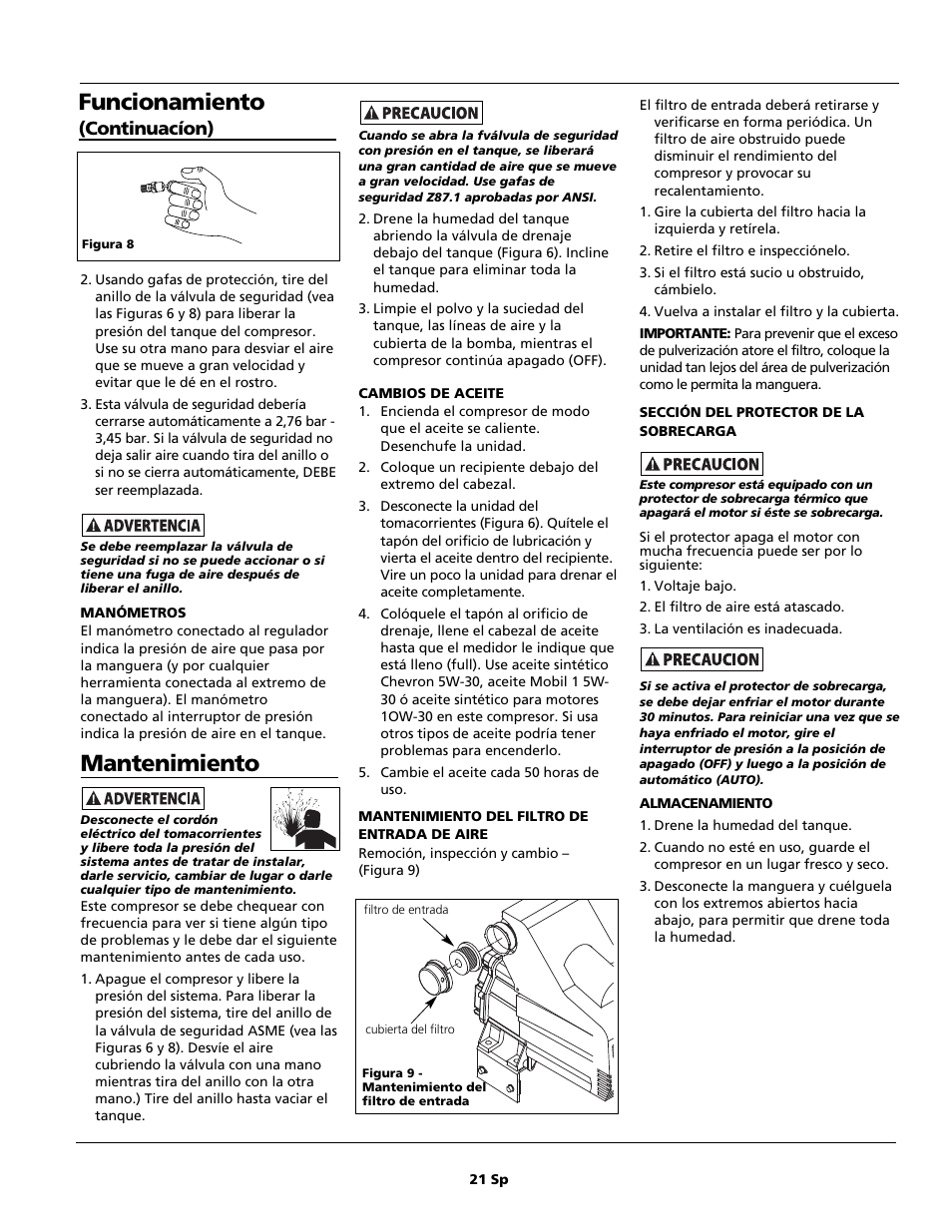 Mantenimiento, Funcionamiento, Continuacíon) | Campbell Hausfeld HL5500 Series User Manual | Page 21 / 24