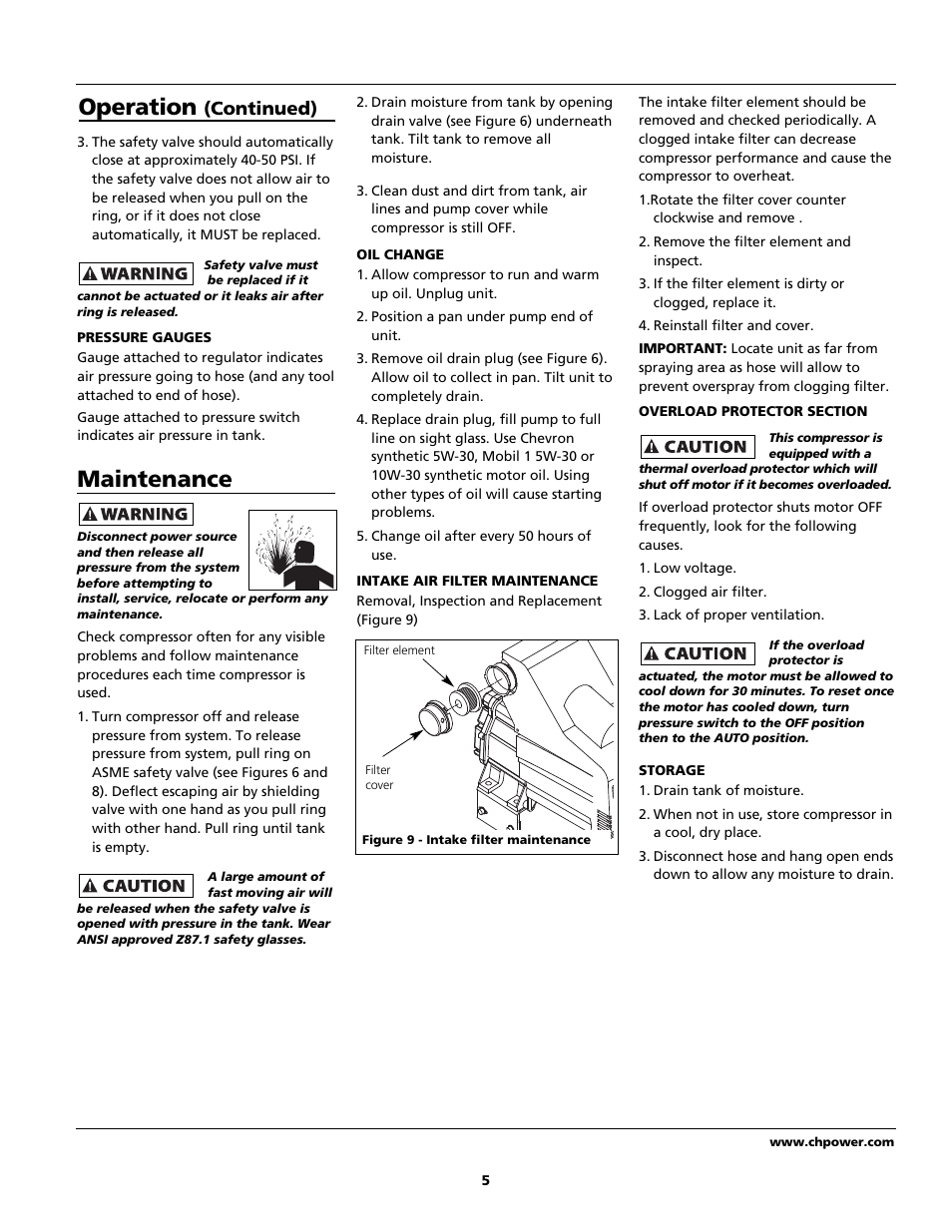 Maintenance, Operation, Continued) | Campbell Hausfeld HL5500 Series User Manual | Page 5 / 24