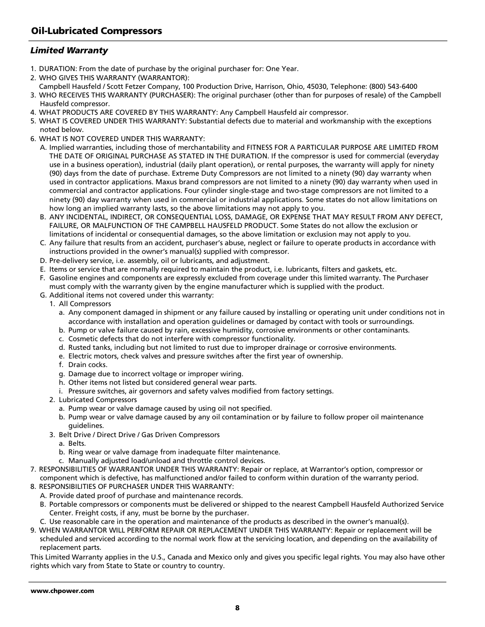 Oil-lubricated compressors | Campbell Hausfeld HL5500 Series User Manual | Page 8 / 24