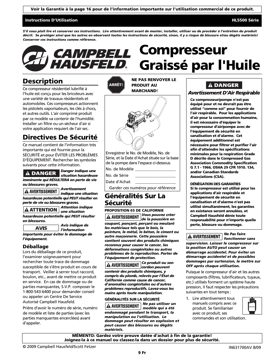 Compresseur graissé par l'huile, Généralités sur la sécurité, Description | Directives de sécurité | Campbell Hausfeld HL5500 Series User Manual | Page 9 / 24