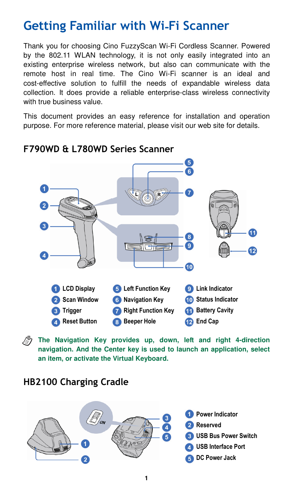 Getting familiar with wi - - - -fi scanner, Hb2100 charging cradle | Cino L780WD User Manual | Page 2 / 16