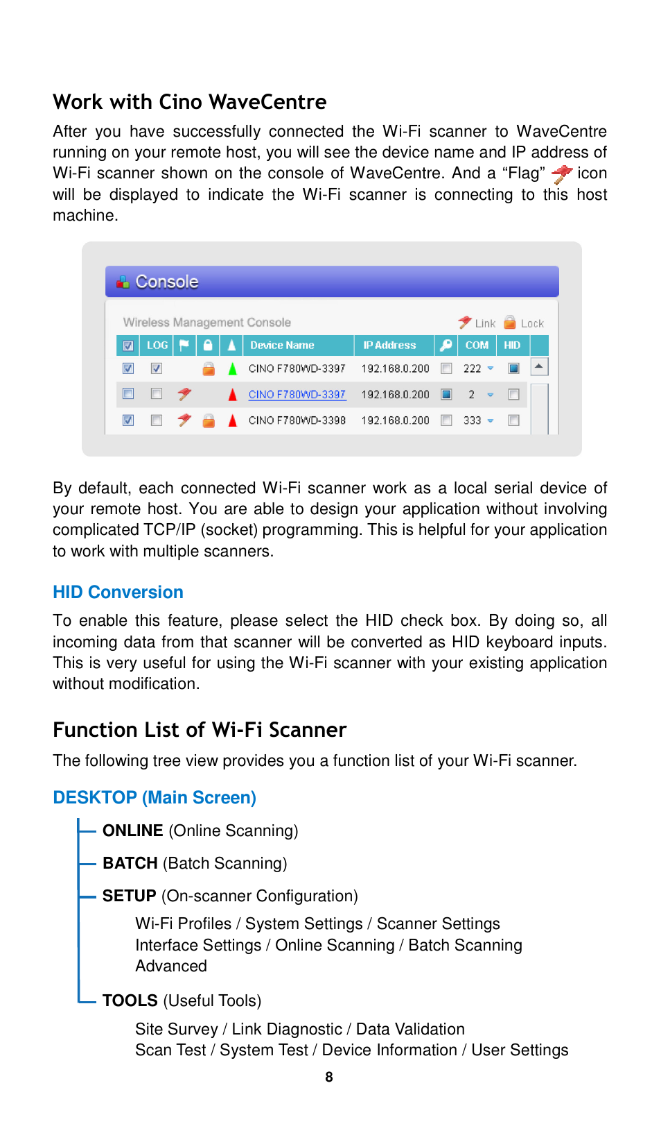 Work with cino wavecentre, Function list of wi-fi scanner | Cino L780WD User Manual | Page 9 / 16