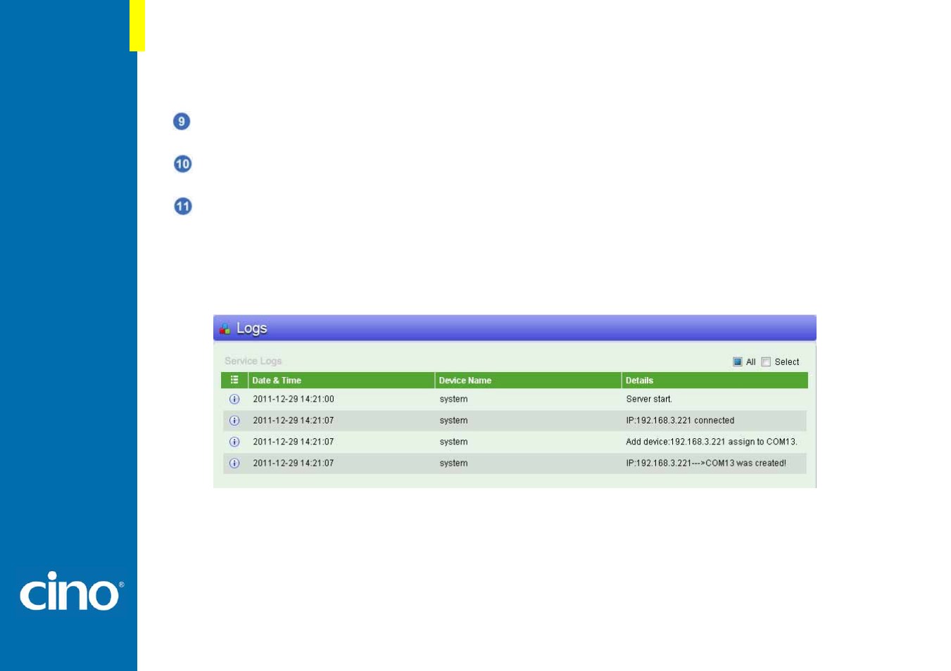 Logs | Cino L780WD User Manual | Page 11 / 17