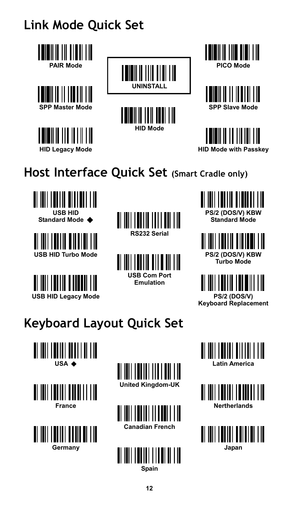 Link mode quick set, Host interface quick set, Keyboard layout quick set | Smart cradle only) | Cino PL680BT HC User Manual | Page 13 / 16