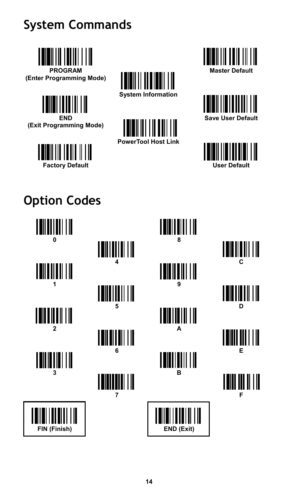 System commands, Option codes | Cino FA470 User Manual | Page 15 / 16