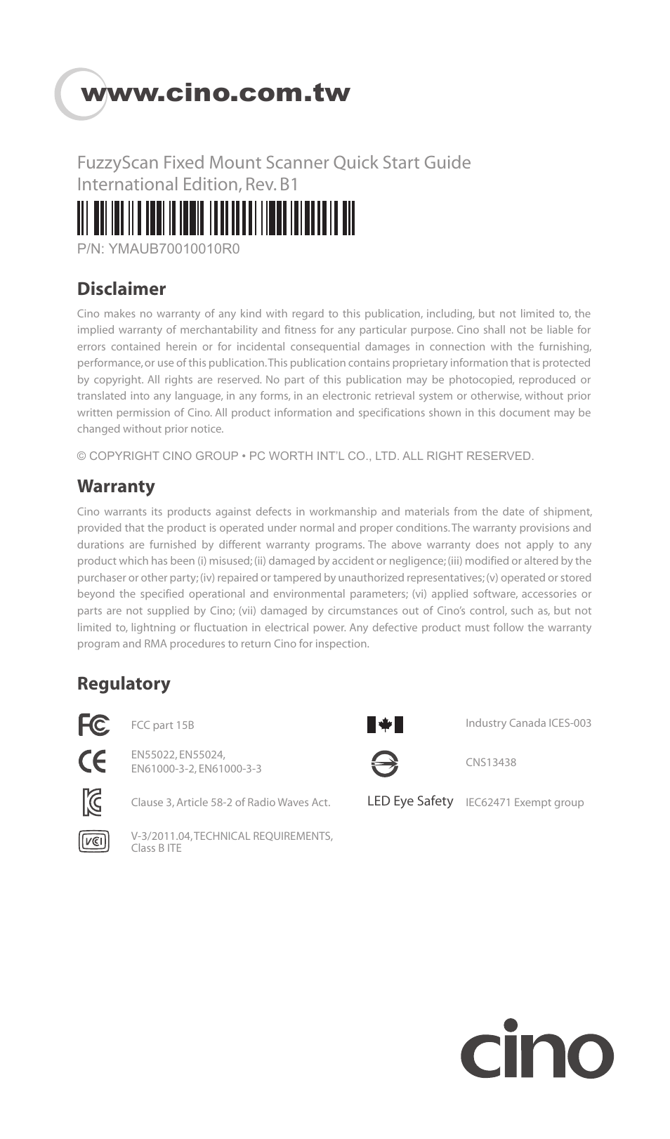 Regulatory, Disclaimer warranty | Cino FA470 User Manual | Page 16 / 16