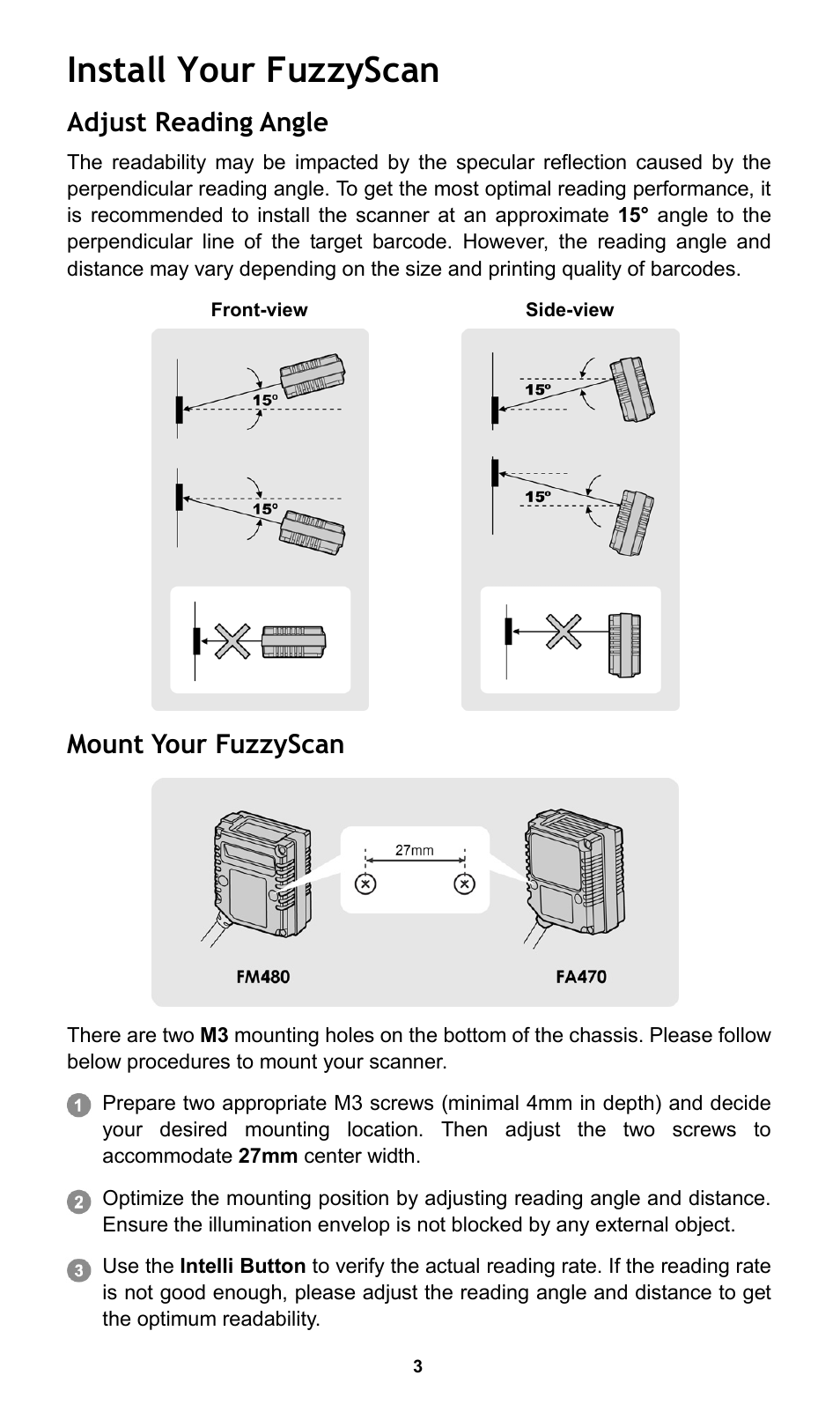 Install your fuzzyscan, Adjust reading angle, Mount your fuzzyscan | Cino FA470 User Manual | Page 4 / 16