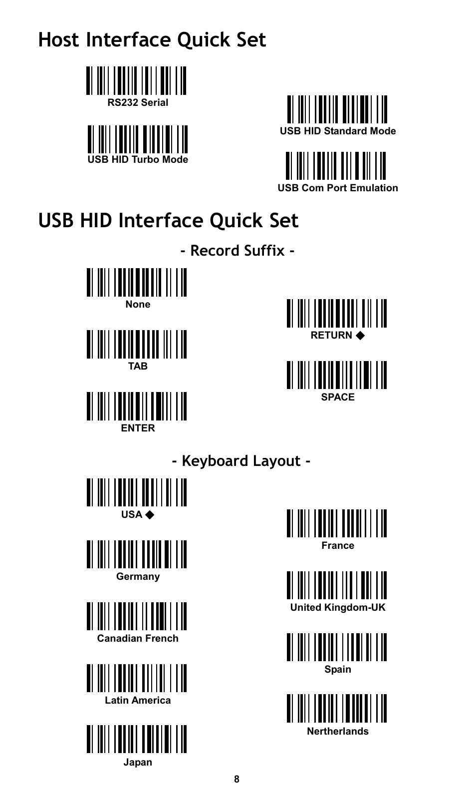 Host interface quick set, Usb hid interface quick set, Record suffix | Keyboard layout | Cino FA470 User Manual | Page 9 / 16