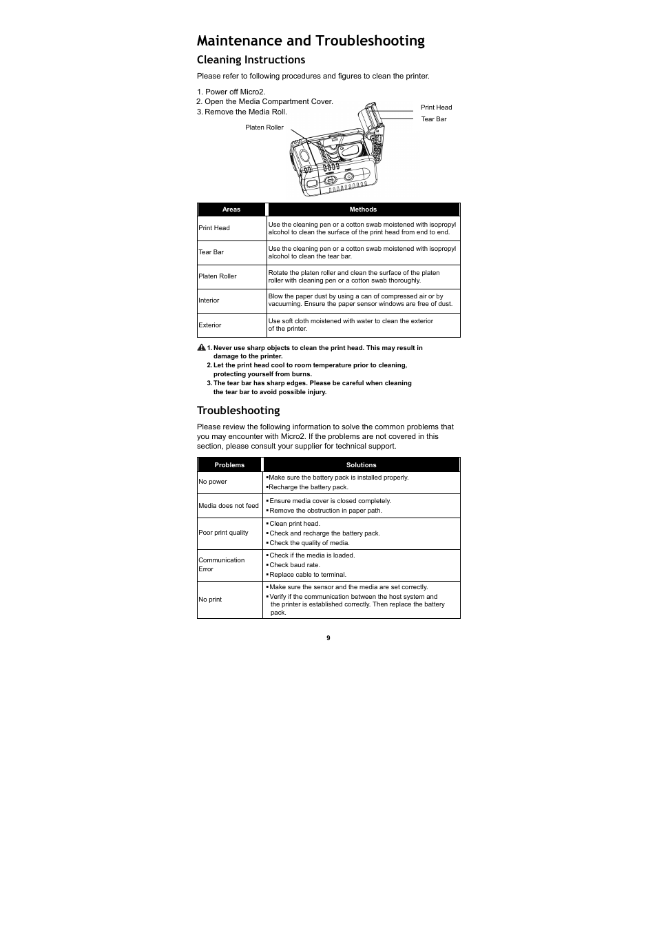 Maintenance and troubleshooting, Cleaning instructions, Troubleshooting | Cino M230B User Manual | Page 10 / 12