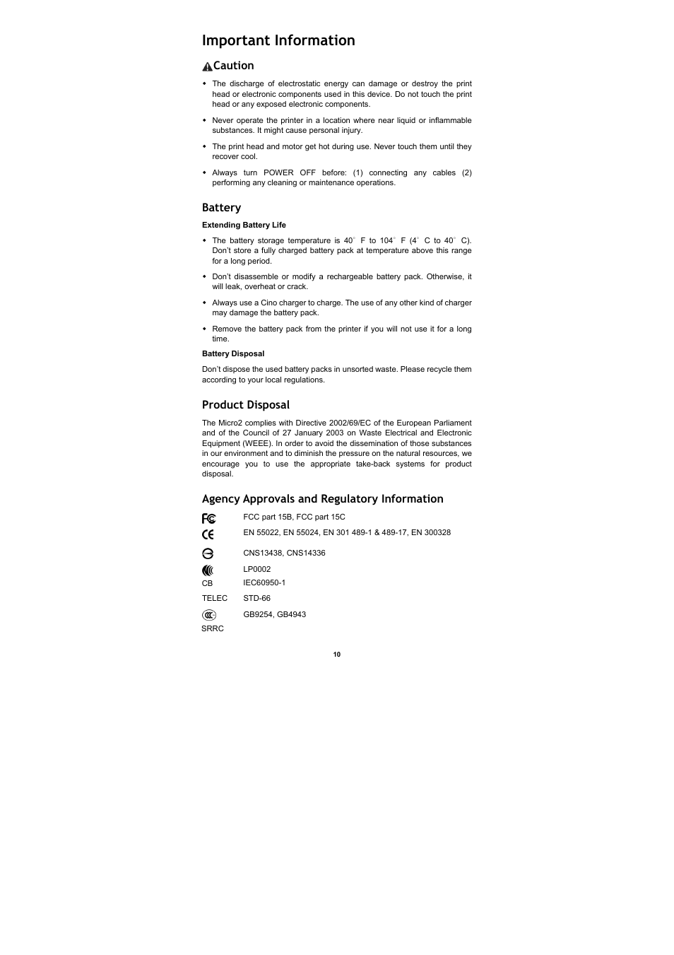 Important information, Caution, Battery | Extending battery life, Battery disposal, Product disposal, Agency approvals and regulatory information | Cino M230B User Manual | Page 11 / 12