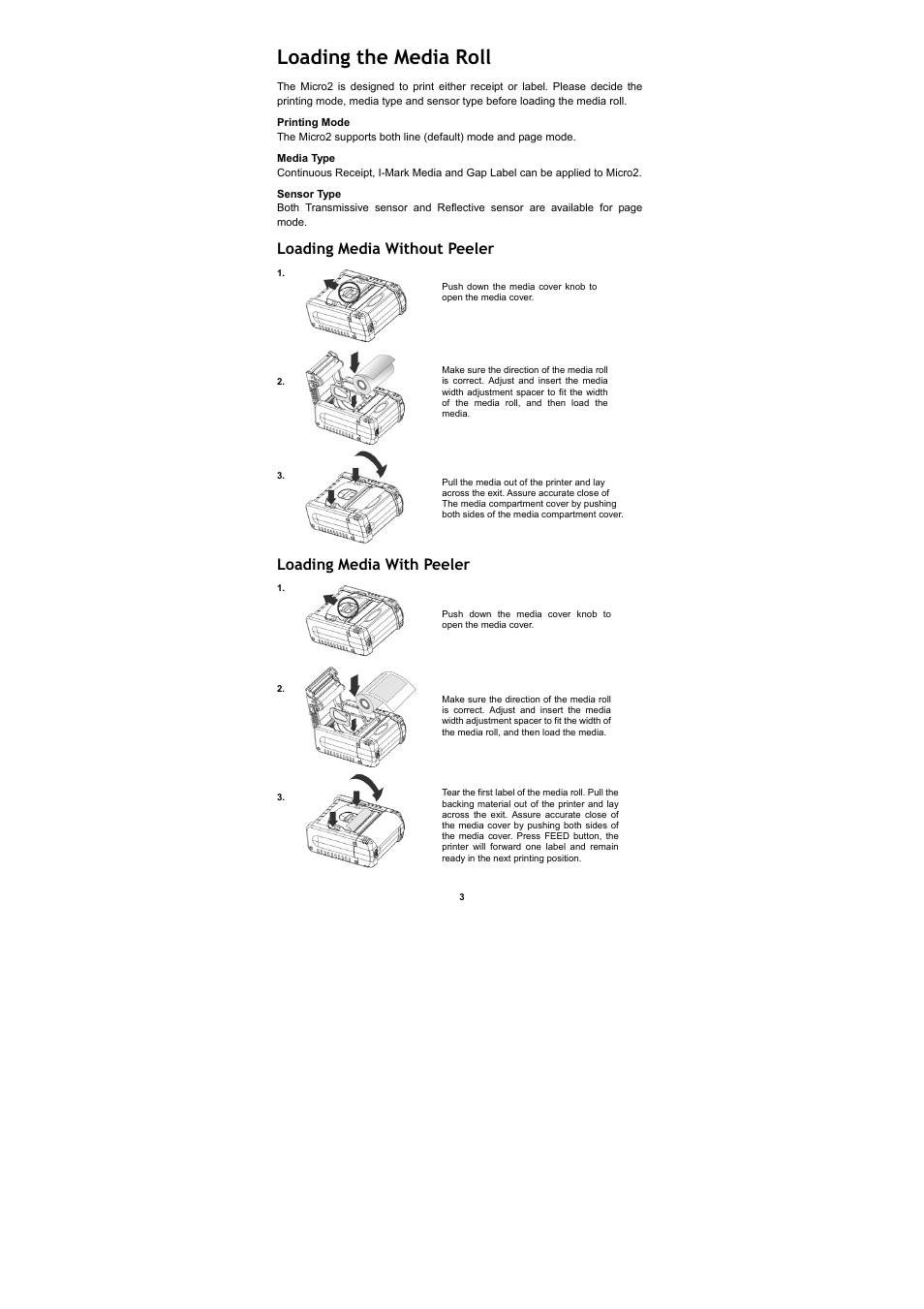 Loading the media roll, Loading media without peeler, Loading media with peeler | Cino M230B User Manual | Page 4 / 12