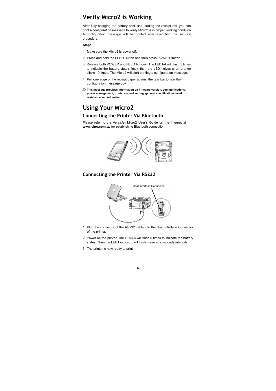 Verify micro2 is working, Using your micro2, Connecting the printer via bluetooth | Connecting the printer via rs232 | Cino M230B User Manual | Page 6 / 12