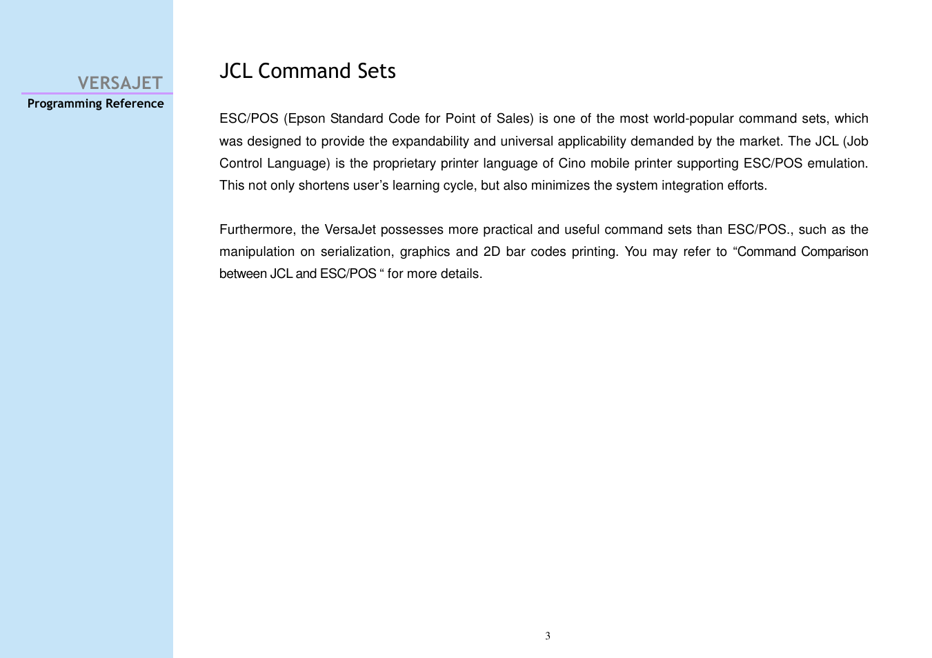 Jcl command sets, Versajet | Cino M230B User Manual | Page 12 / 245