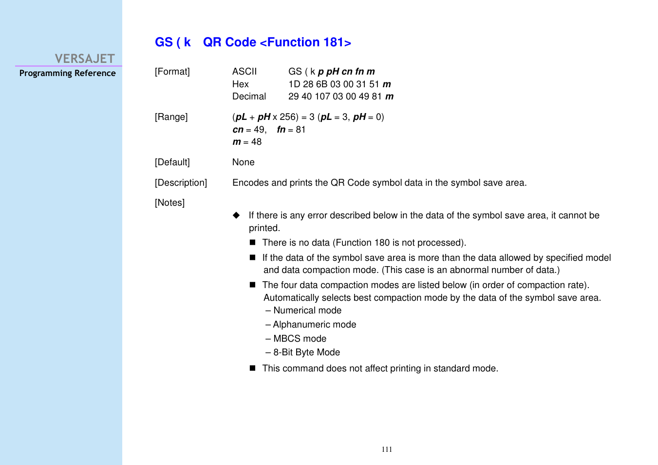 Versajet gs ( k qr code <function 181 | Cino M230B User Manual | Page 120 / 245