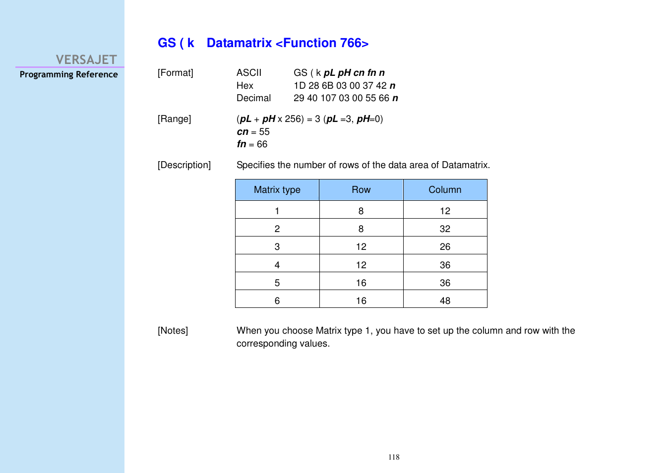 Versajet gs ( k datamatrix <function 766 | Cino M230B User Manual | Page 127 / 245