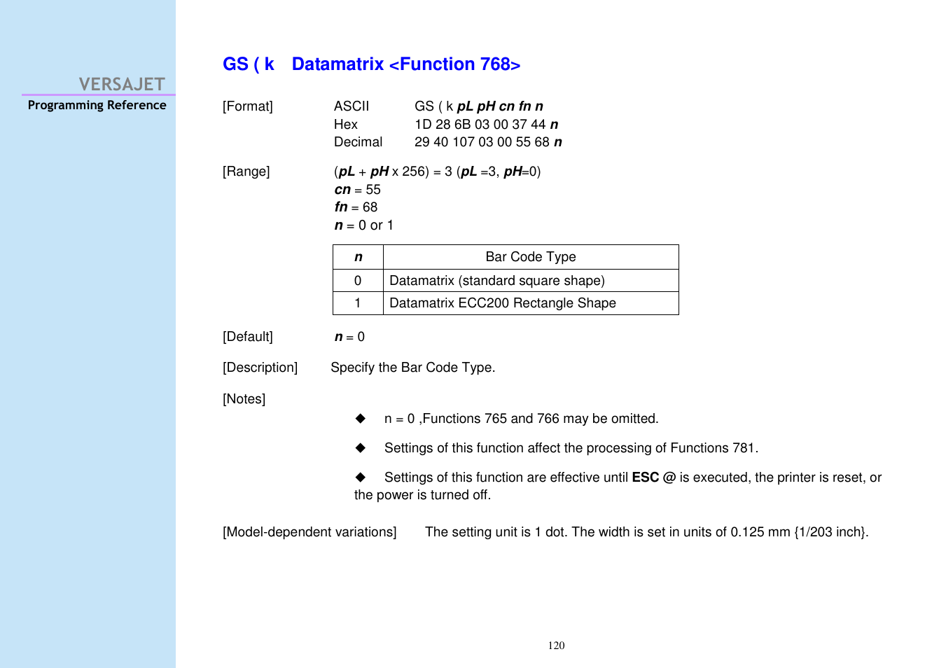 Versajet gs ( k datamatrix <function 768 | Cino M230B User Manual | Page 129 / 245