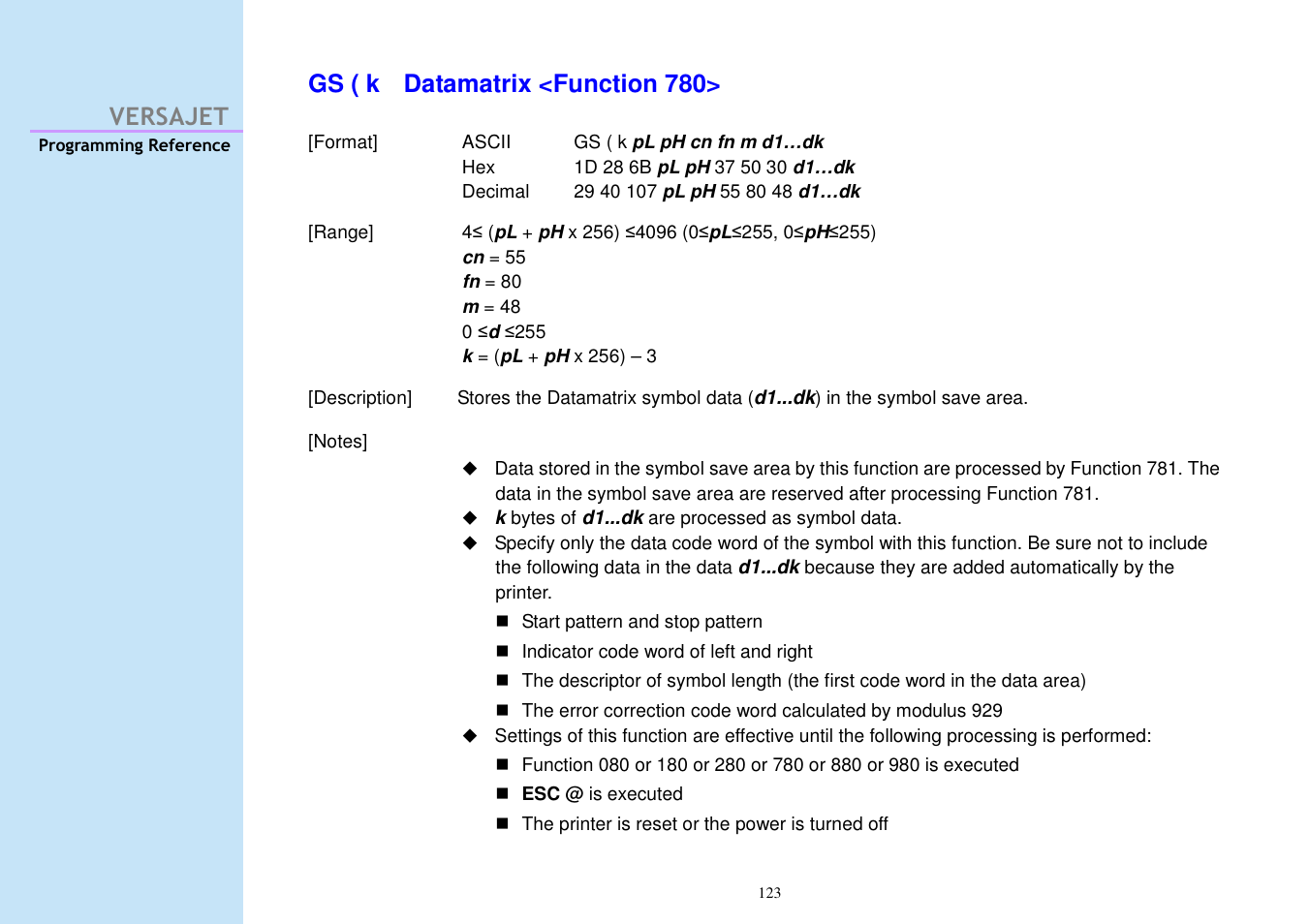 Versajet gs ( k datamatrix <function 780 | Cino M230B User Manual | Page 132 / 245