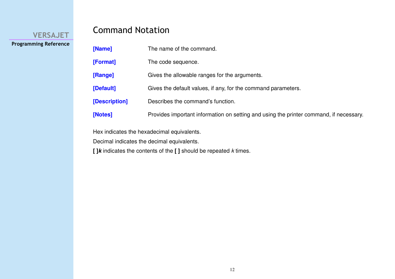 Command notation, Versajet | Cino M230B User Manual | Page 21 / 245