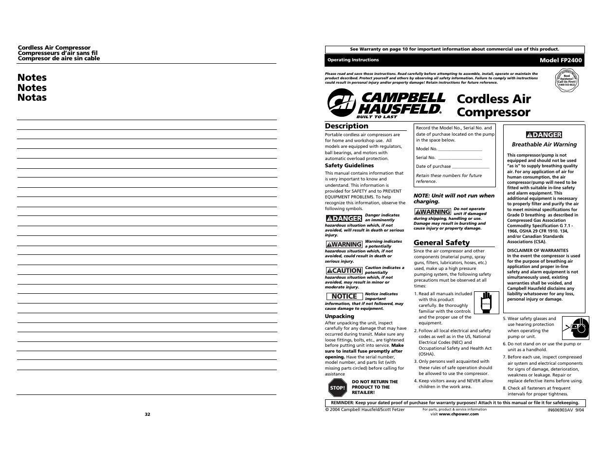 Campbell Hausfeld FP2400 User Manual | 16 pages