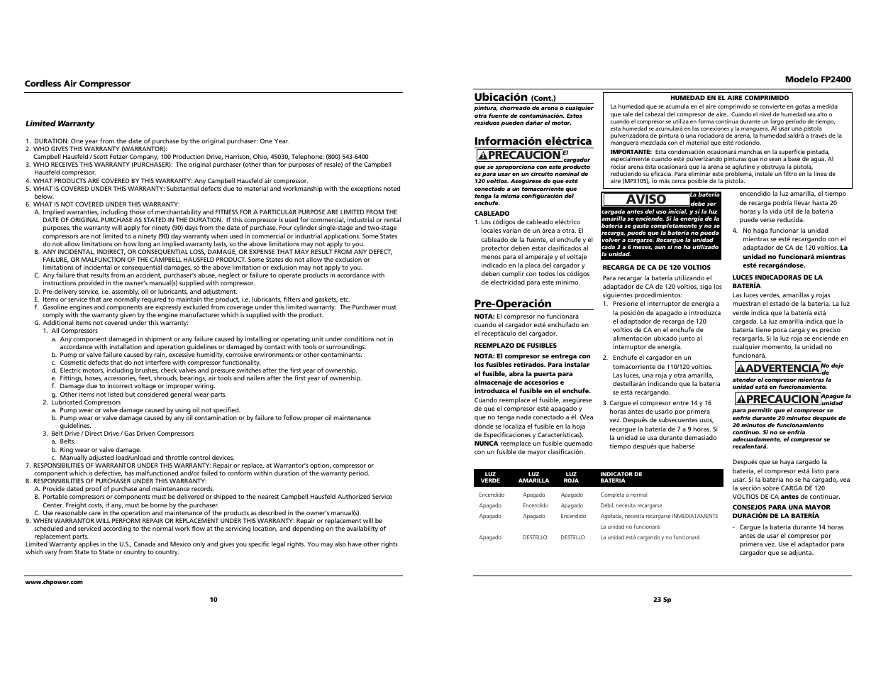 Aviso, Precaucion, Ubicación | Información eléctrica, Pre-operación, Advertencia | Campbell Hausfeld FP2400 User Manual | Page 10 / 16