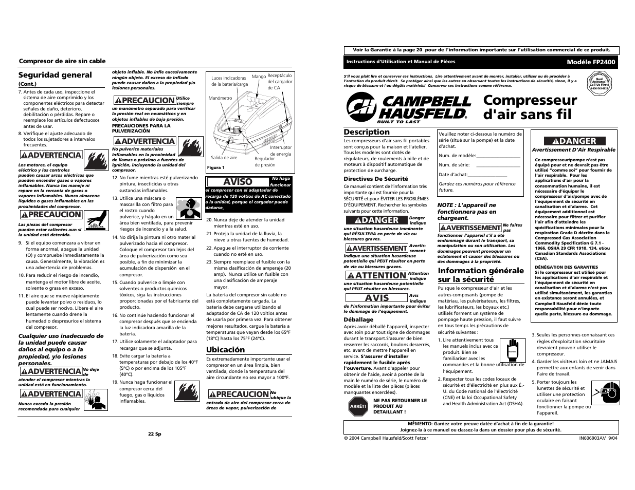 Compresseur d'air sans fil, Aviso, Avis | Attention, Danger, Precaucion, Information générale sur la sécurité, Description, Ubicación, Seguridad general | Campbell Hausfeld FP2400 User Manual | Page 11 / 16