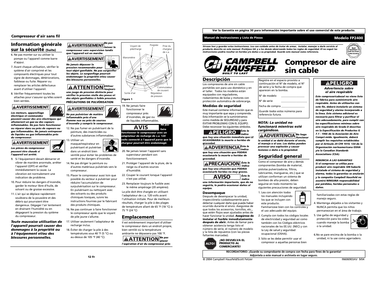 Compresor de aire sin cable, Aviso, Attention | Avis, Peligro, Precaucion, Emplacement, Information générale sur la sécurité, Advertencia, Seguridad general | Campbell Hausfeld FP2400 User Manual | Page 12 / 16
