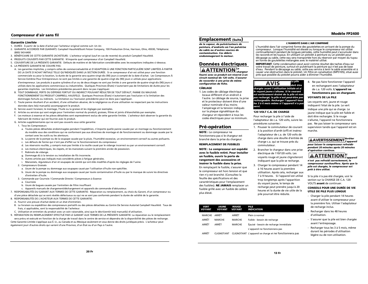 Attention, Avis, Emplacement | Données électriques, Pré-opération | Campbell Hausfeld FP2400 User Manual | Page 13 / 16