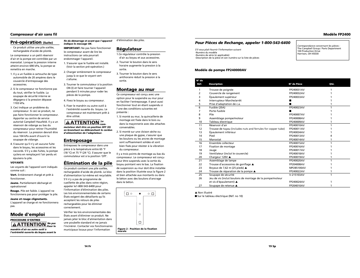 Attention, Régulateur, Montage au mur | Pré-opération, Mode d'emploi, Entreposage, Élimination de la pile | Campbell Hausfeld FP2400 User Manual | Page 14 / 16