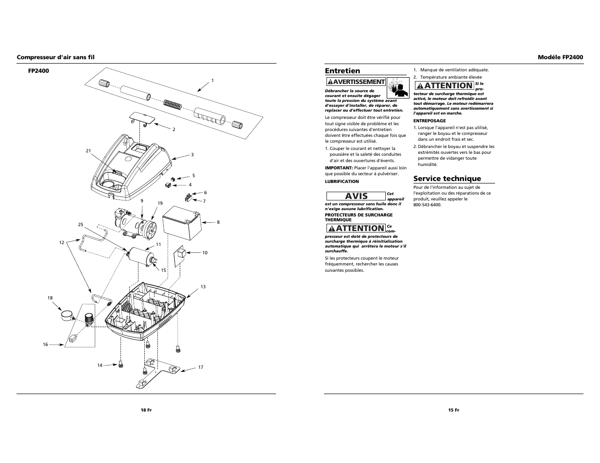 Attention avis, Attention, Entretien | Service technique | Campbell Hausfeld FP2400 User Manual | Page 15 / 16