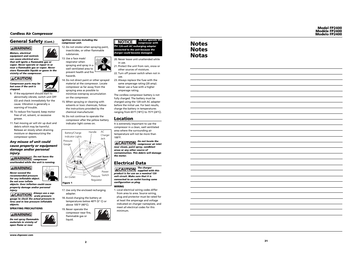 Location, Electrical data, General safety | Notice | Campbell Hausfeld FP2400 User Manual | Page 2 / 16