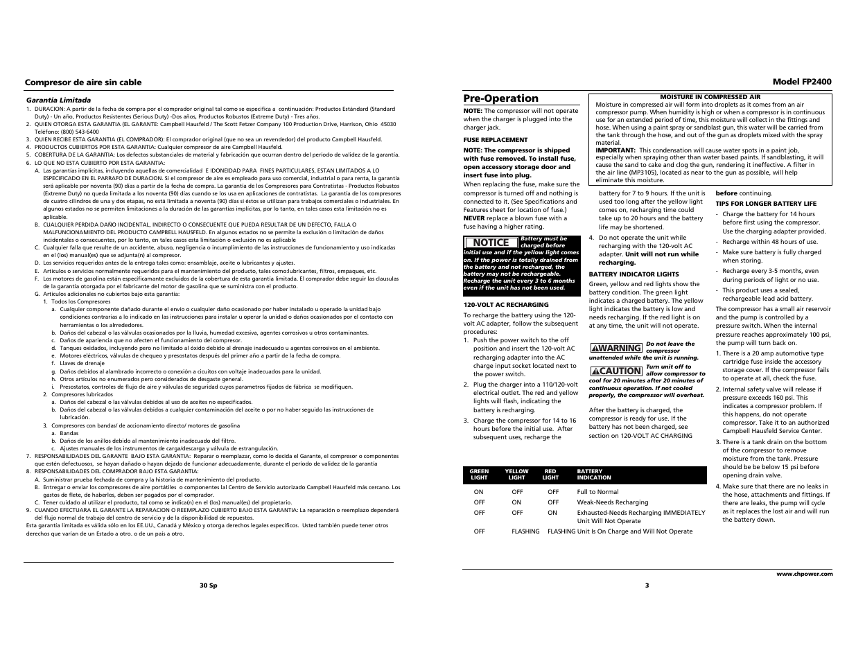 Pre-operation, Notice | Campbell Hausfeld FP2400 User Manual | Page 3 / 16