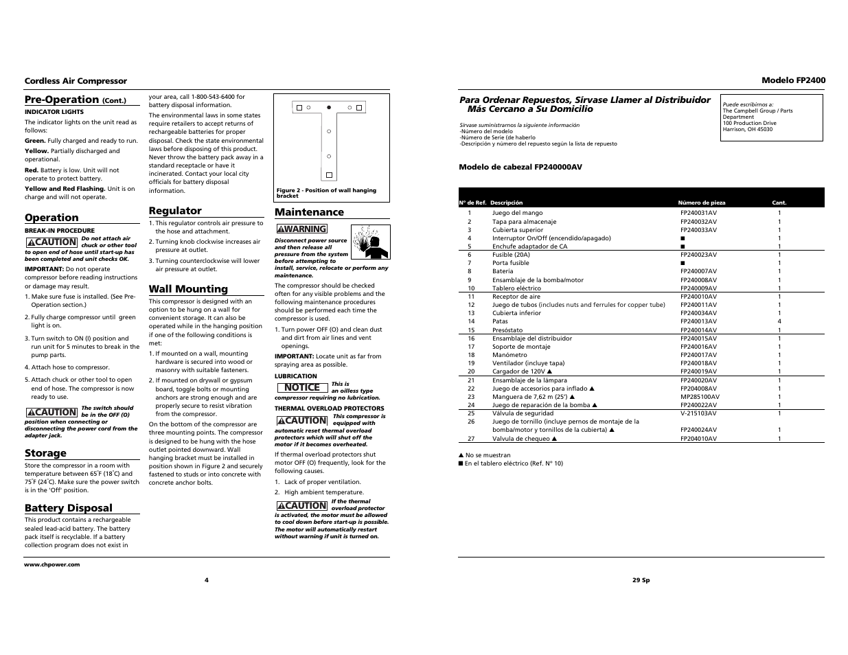 Maintenance, Notice, Pre-operation | Operation, Storage, Battery disposal, Regulator, Wall mounting | Campbell Hausfeld FP2400 User Manual | Page 4 / 16