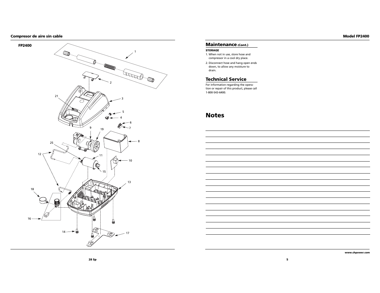 Maintenance, Technical service | Campbell Hausfeld FP2400 User Manual | Page 5 / 16