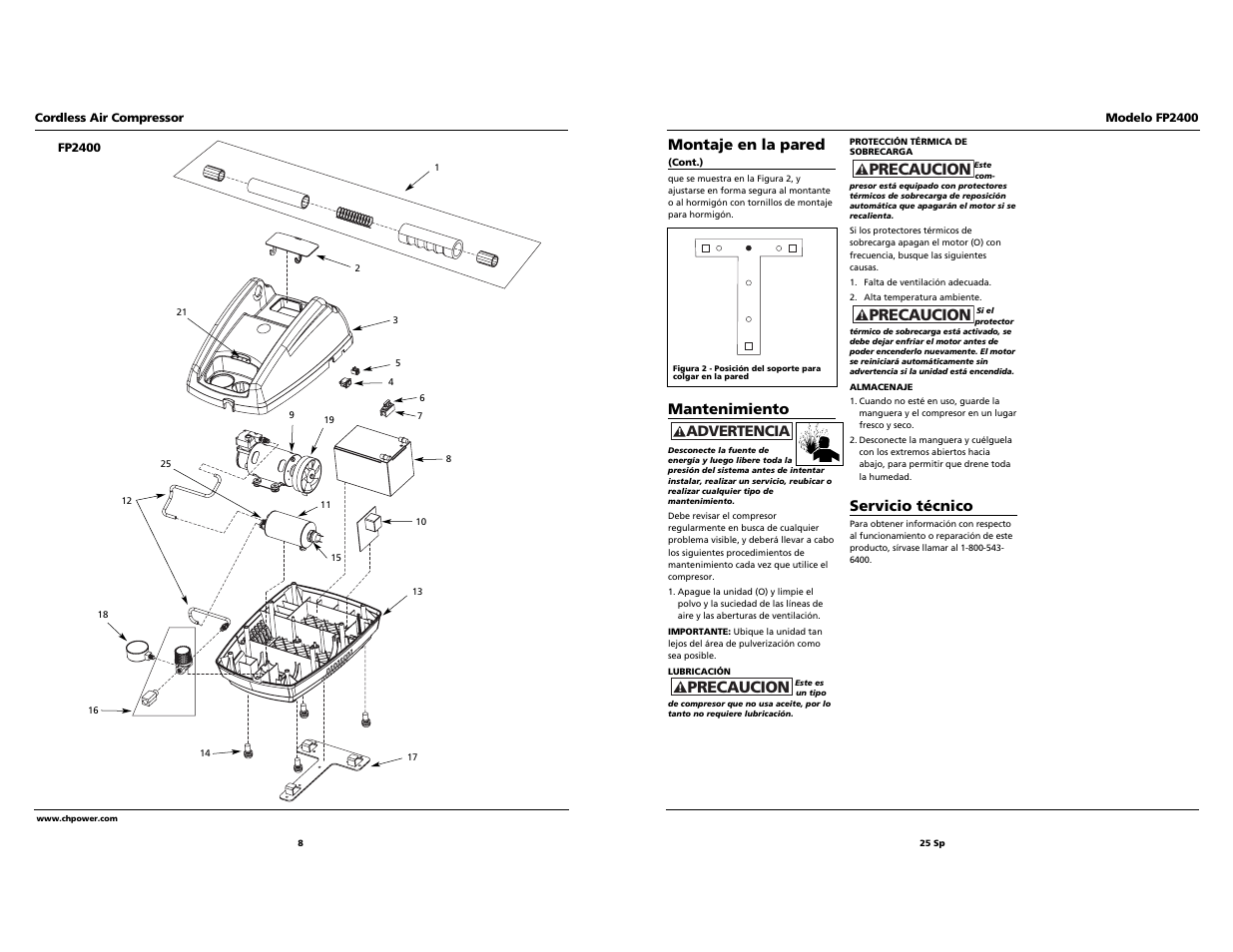 Precaucion, Montaje en la pared, Mantenimiento | Advertencia, Servicio técnico | Campbell Hausfeld FP2400 User Manual | Page 8 / 16