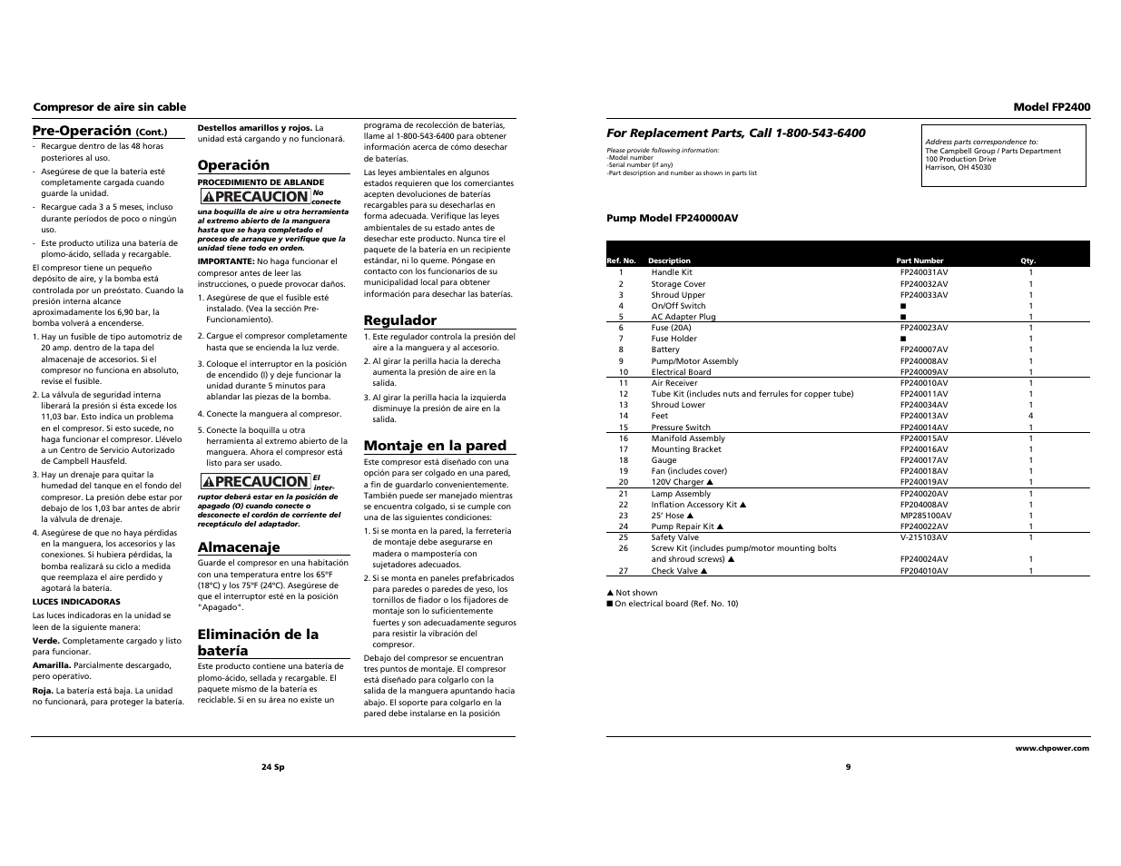 Precaucion, Regulador, Montaje en la pared | Pre-operación, Operación, Almacenaje, Eliminación de la batería | Campbell Hausfeld FP2400 User Manual | Page 9 / 16