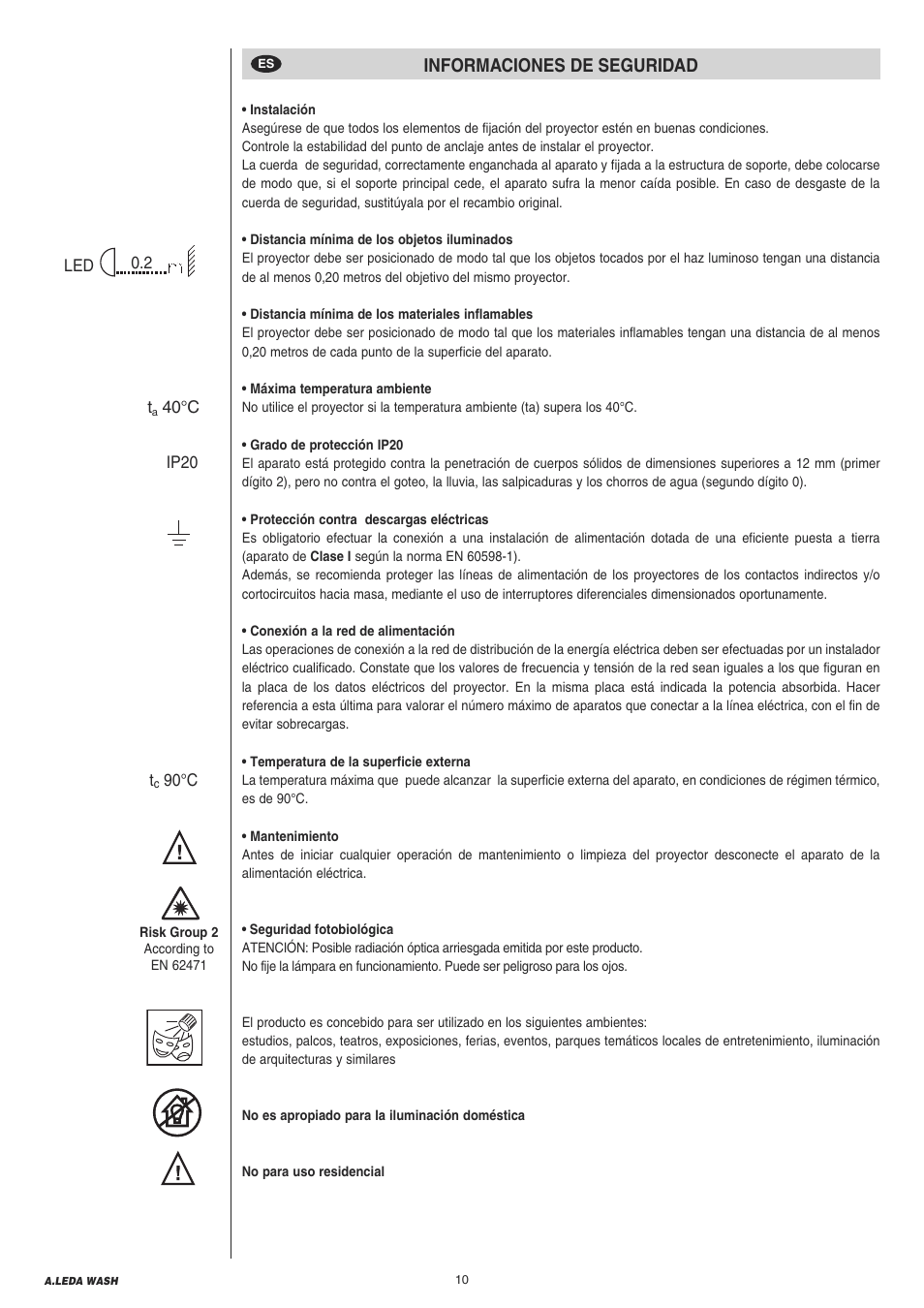 10 informaciones de suguridad, Informaciones de seguridad | Clay Paky A.LEDA WASH K20 User Manual | Page 10 / 40