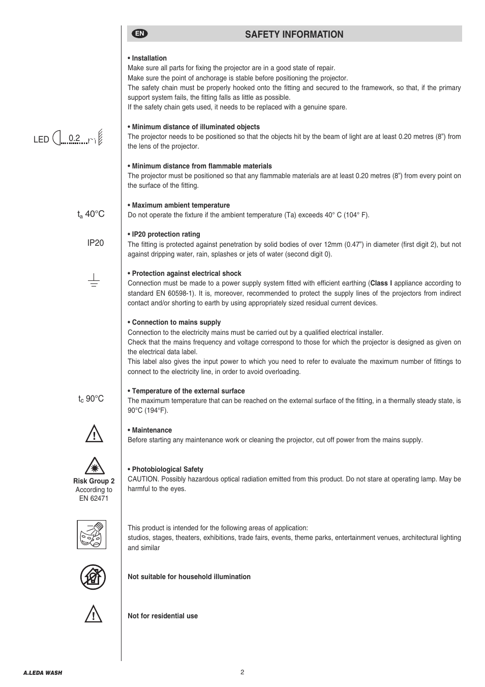 Safety information | Clay Paky A.LEDA WASH K20 User Manual | Page 2 / 40