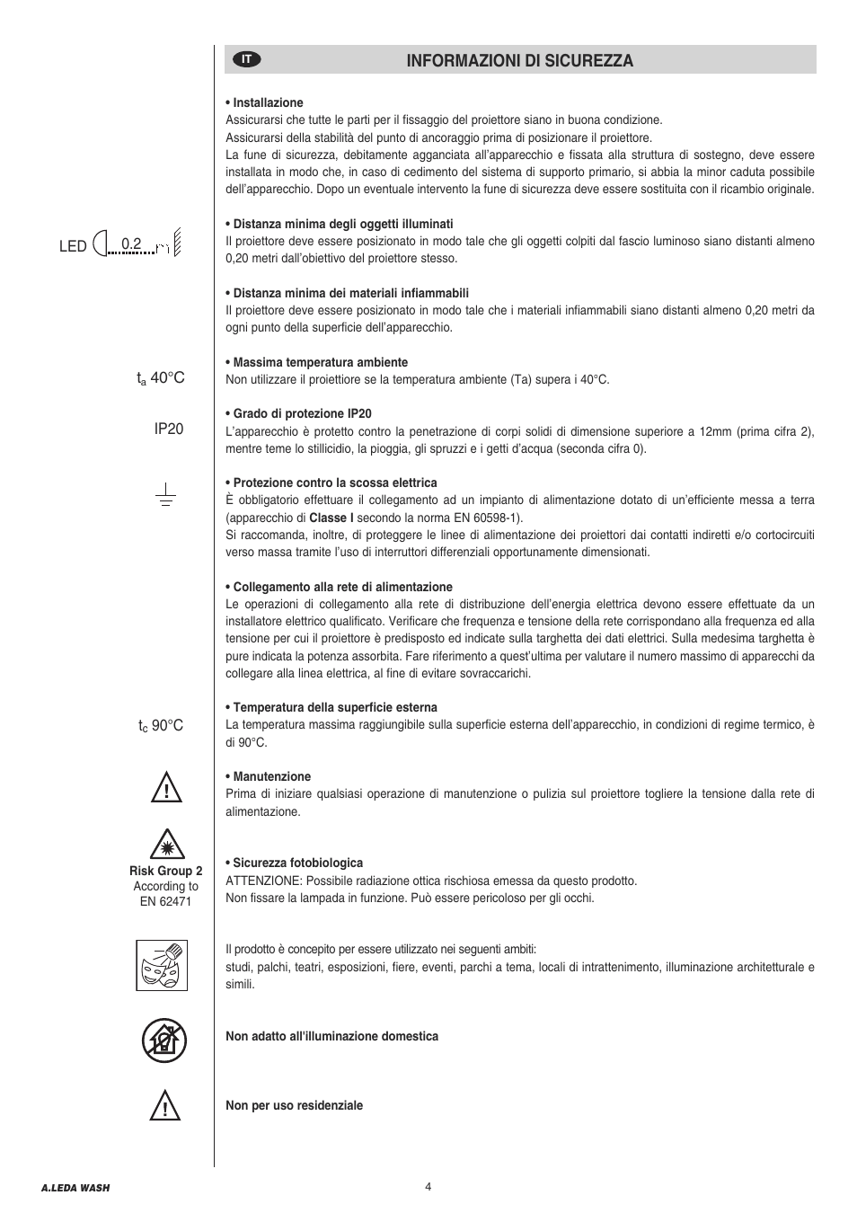 Informazioni di sicurezza | Clay Paky A.LEDA WASH K20 User Manual | Page 4 / 40