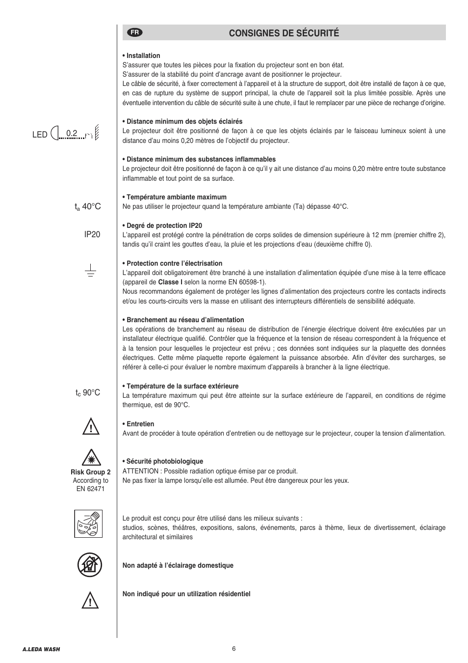 Consignes de sécurité, Informationen zur sicherheit | Clay Paky A.LEDA WASH K20 User Manual | Page 6 / 40