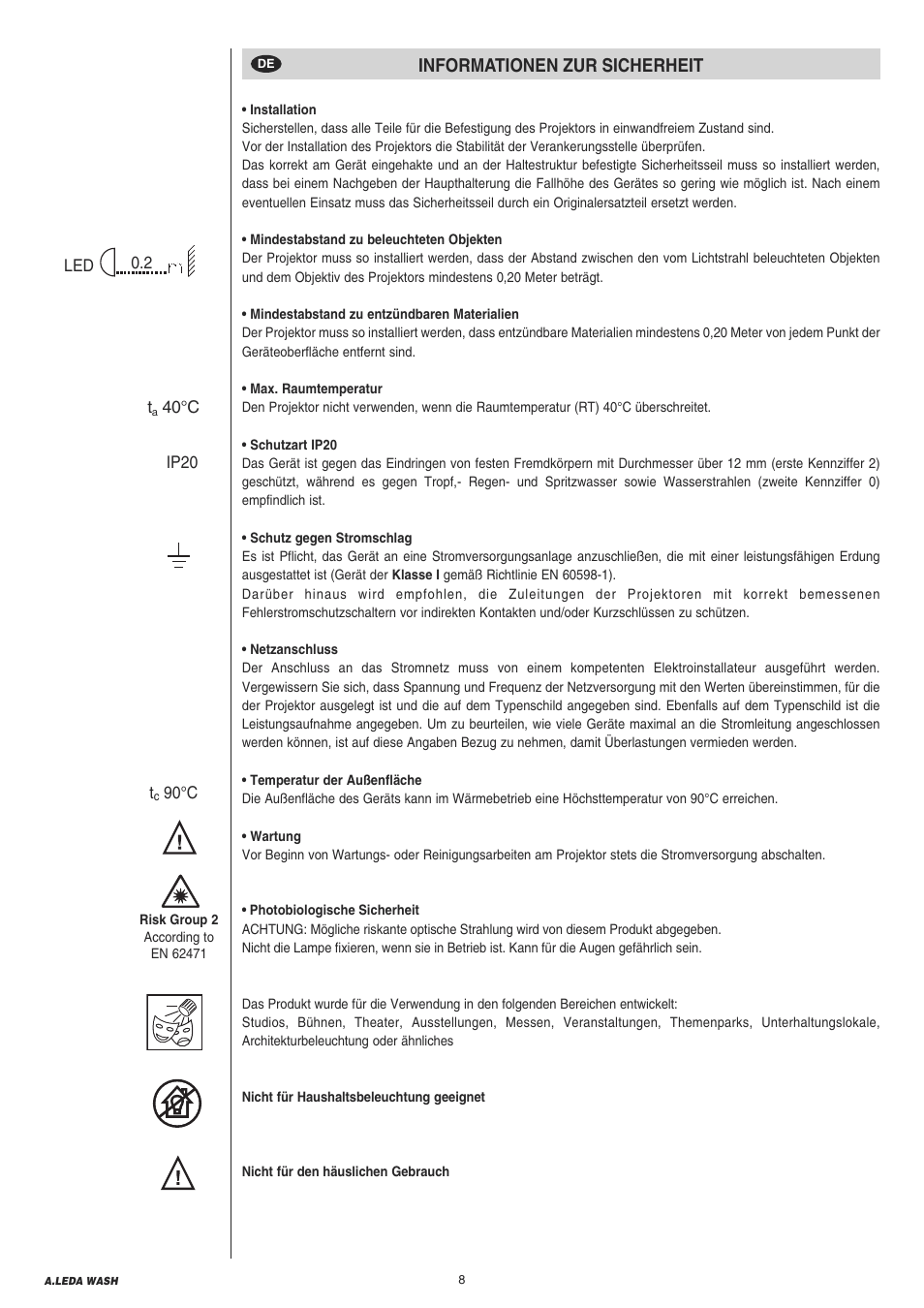 Informationen zur sicherheit | Clay Paky A.LEDA WASH K20 User Manual | Page 8 / 40