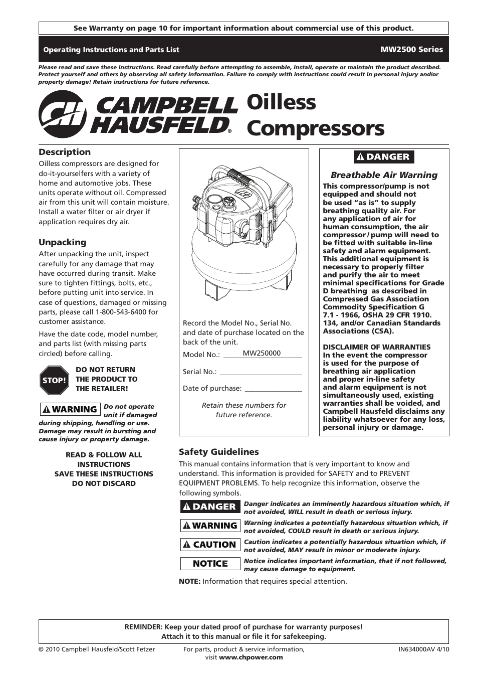 Campbell Hausfeld IN634000AV User Manual | 32 pages
