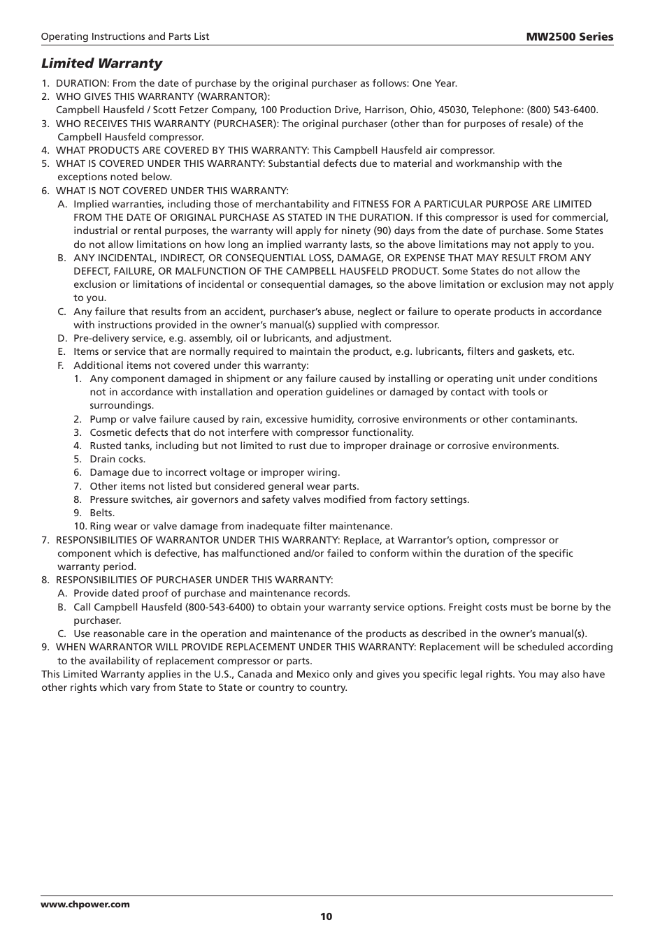 Limited warranty | Campbell Hausfeld IN634000AV User Manual | Page 10 / 32