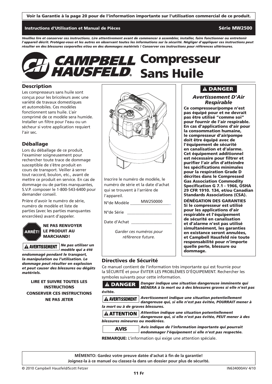 Compresseur sans huile | Campbell Hausfeld IN634000AV User Manual | Page 11 / 32