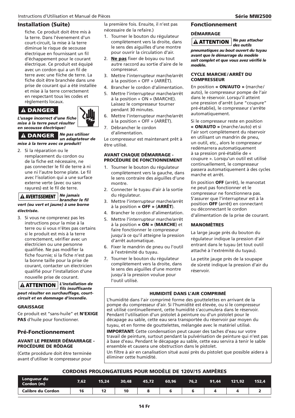 Installation (suite), Pré-fonctionnement, Fonctionnement | Campbell Hausfeld IN634000AV User Manual | Page 14 / 32
