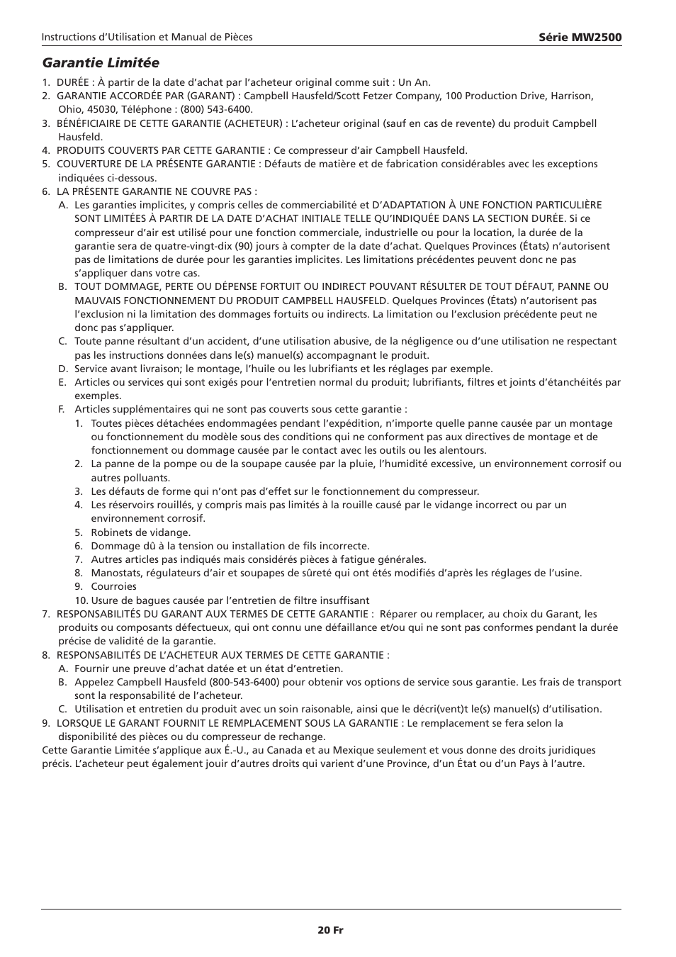 Garantie limitée | Campbell Hausfeld IN634000AV User Manual | Page 20 / 32