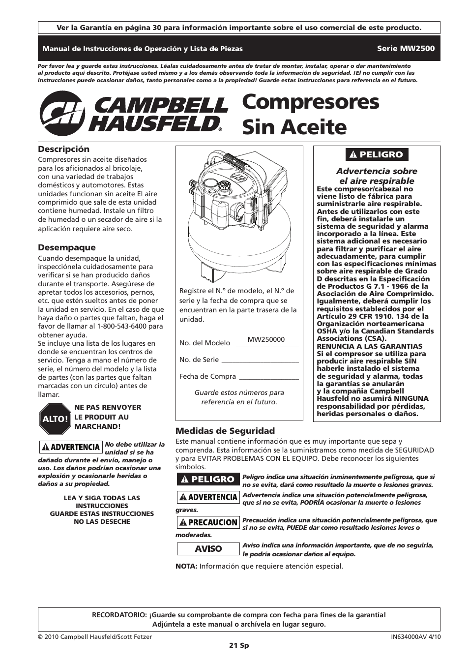 Compresores sin aceite | Campbell Hausfeld IN634000AV User Manual | Page 21 / 32