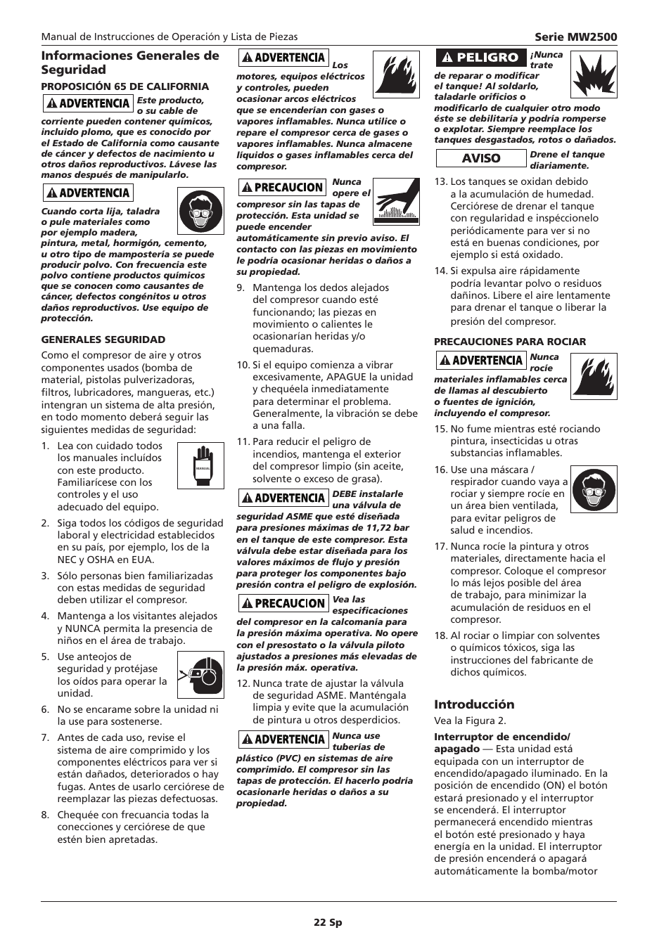 Informaciones generales de seguridad, Introducción | Campbell Hausfeld IN634000AV User Manual | Page 22 / 32